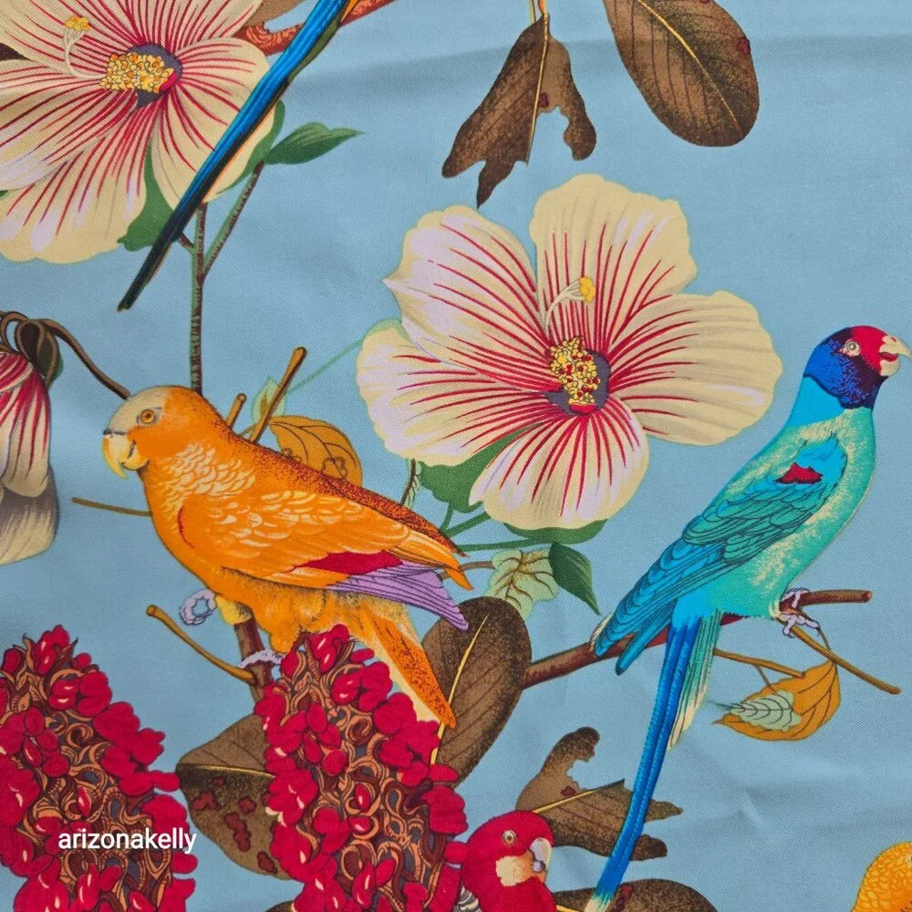 Vintage Silk Scarf Parrots Bird Hand Rolled Edges